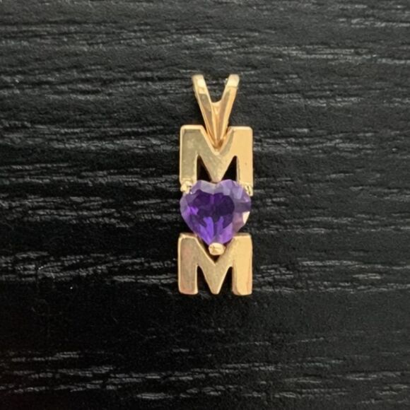 Vintage MOM Amethyst Heart Pendant 10K Gold Plated 1" - Picture 2 of 4
